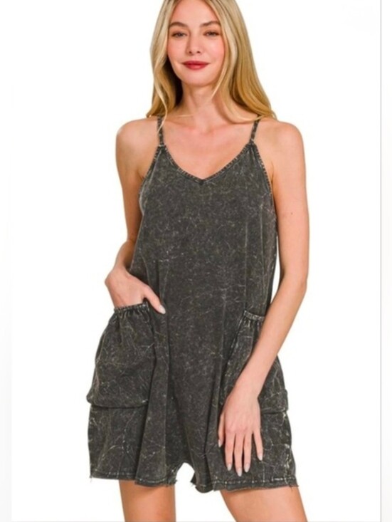 Zenana Outfitters Pants - Zenana Med Acid Crinkle Washed Spaghetti Strap Romper Gray(Oversized) Fits L/XL